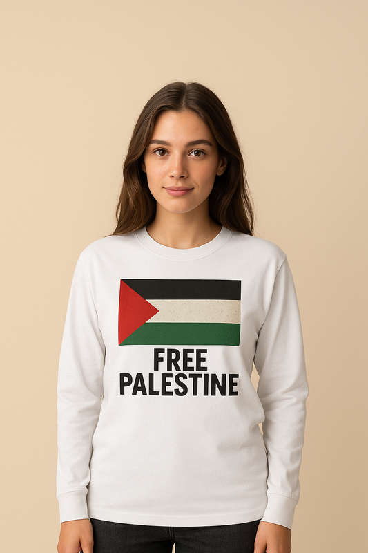 Maglietta bianco a maniche lunghe Free Palestine - Unisex in cotone